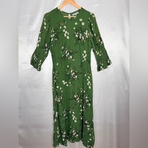 NWOT Reformation Carolena Green Floral Midi Dress 12 Smocked Sleeve